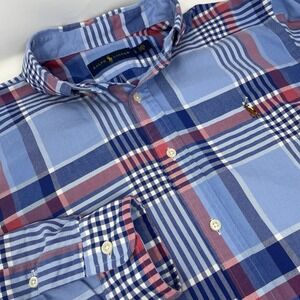 Ralph Lauren Mens Large L Blue Red Plaid Long Sleeve Button Down Shirt Cotton